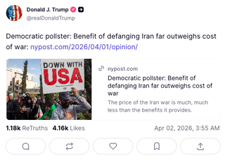 Donald Trump shared an opinion piece on Truth Social arguing the benefits of the war still outweigh the costs